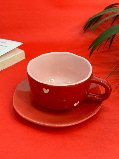 Red Hearts Cappuccino Coffee Mug with Saucer