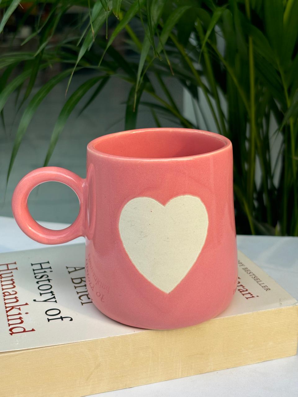 Big Pink Heart Narrow Coffee Mug with Saucer Combo (Set of 2)