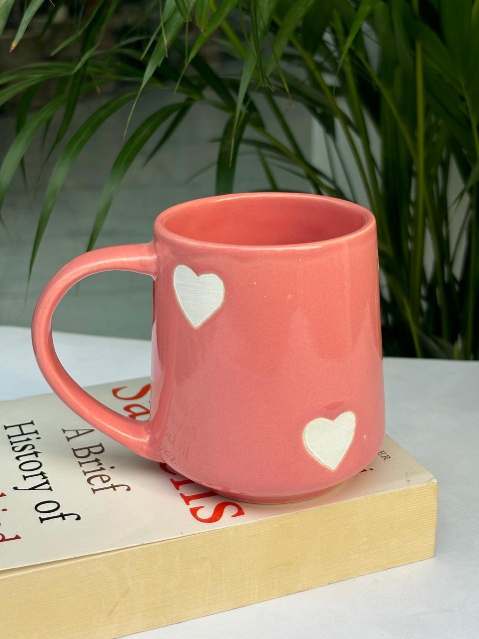 Small Pink Heart Narrow Coffee Mug with Saucer Combo (Set of 2)