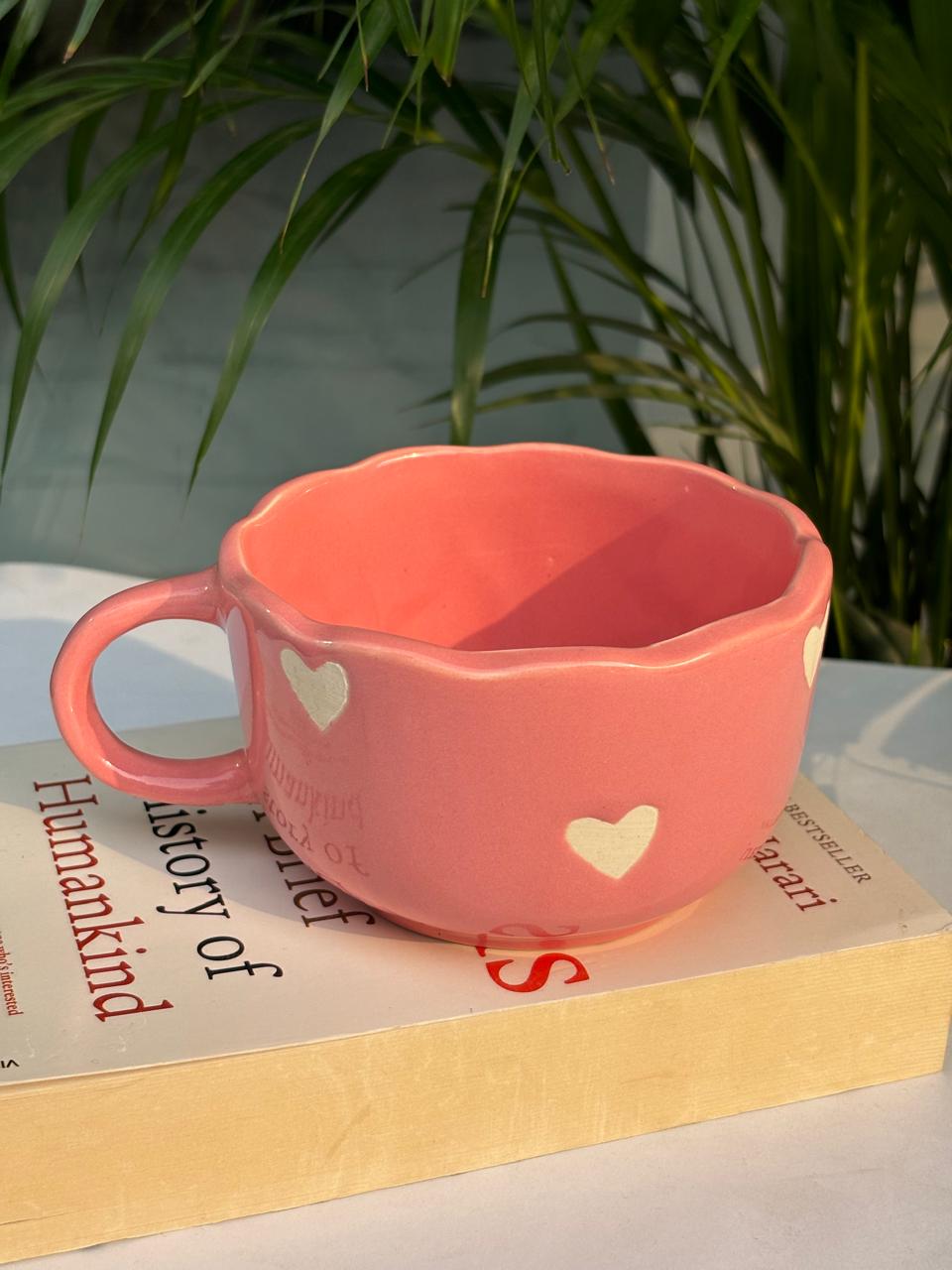 Small Pink Heart Broad Coffee Mug with Saucer Combo (Set of 2)