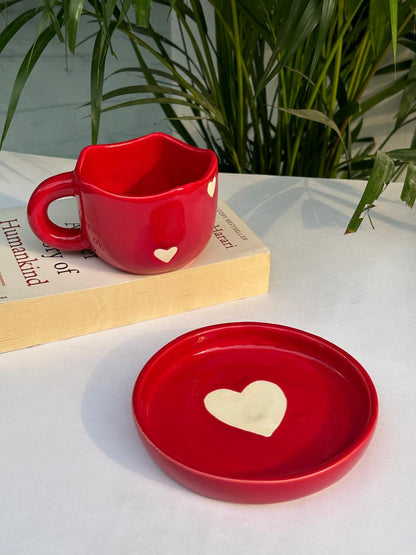 Pinterest Red Heart Coffee Mug with Saucer Combo (Set of 2)