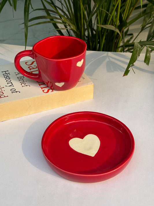 Red Heart Diamond Coffee Mug with Saucer Combo (Set of 2)