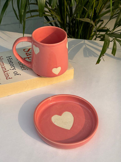 Small Pink Heart Narrow Coffee Mug with Saucer Combo (Set of 2)