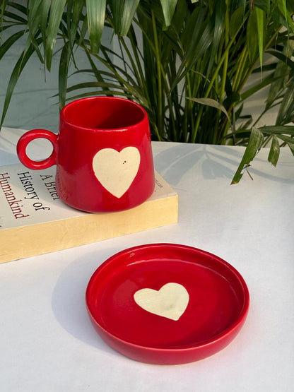 Big Red Heart Narrow Coffee Mug with Saucer Combo (Set of 2)