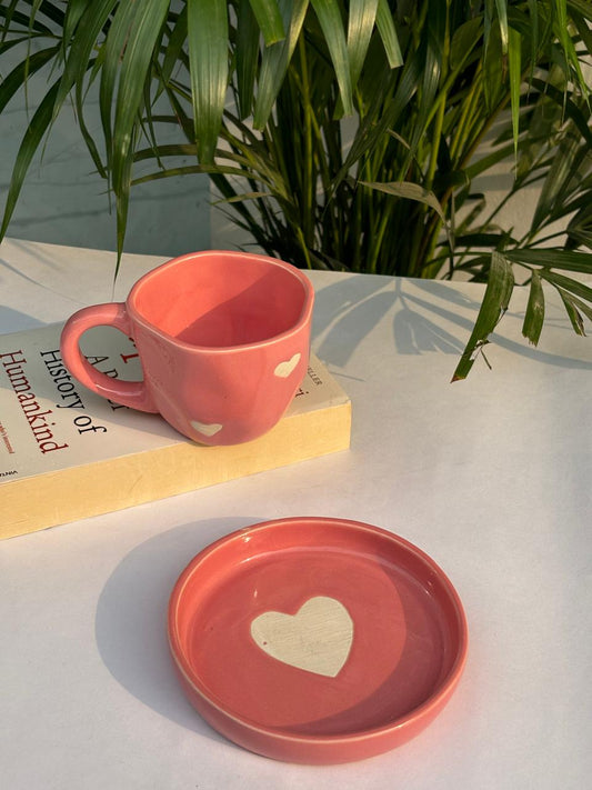 Pink Heart Diamond Coffee Mug with Saucer Combo (Set of 2)