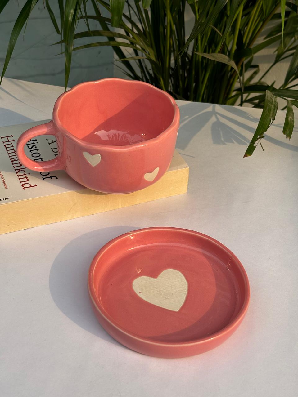 Small Pink Heart Broad Coffee Mug with Saucer Combo (Set of 2)