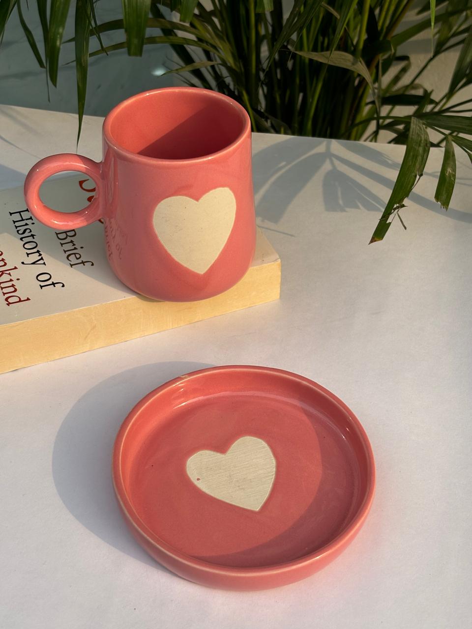 Big Pink Heart Narrow Coffee Mug with Saucer Combo (Set of 2)