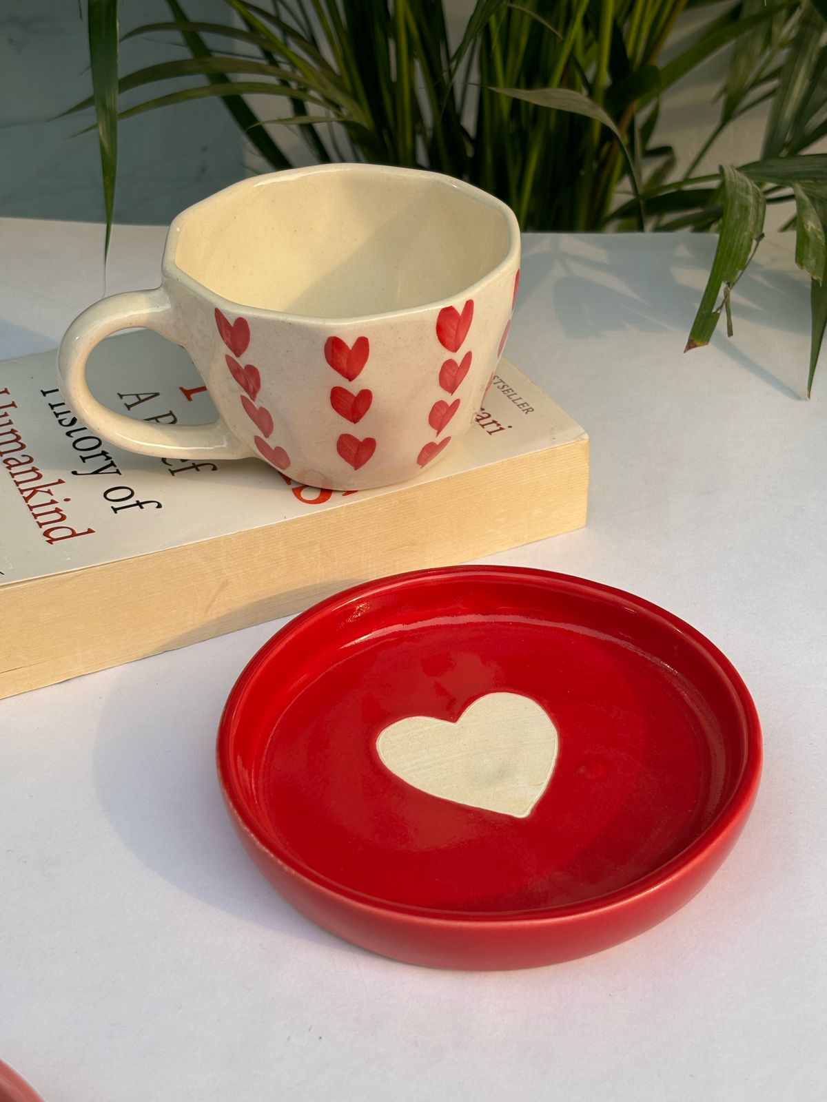 Red Heart Diamond Coffee Mug with Saucer Combo (Set of 2)