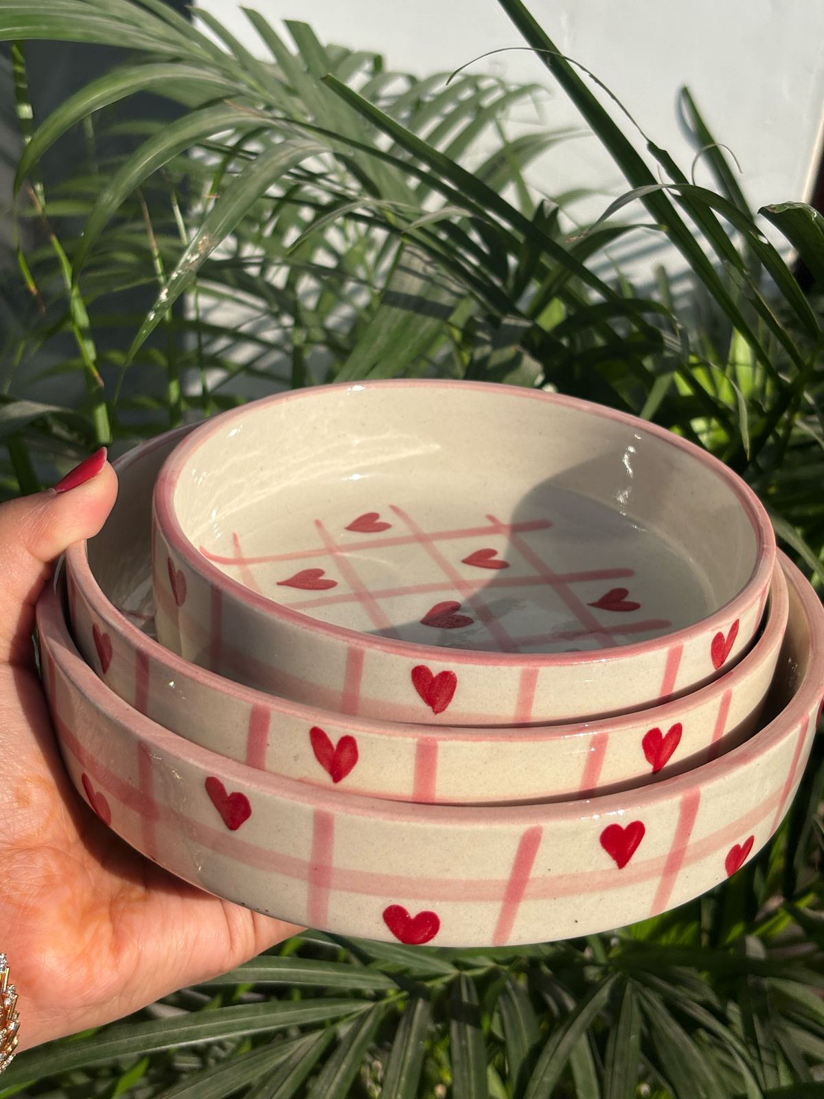 Crimson Check Heart Serving/Salad Bowl Set (Set of 3)